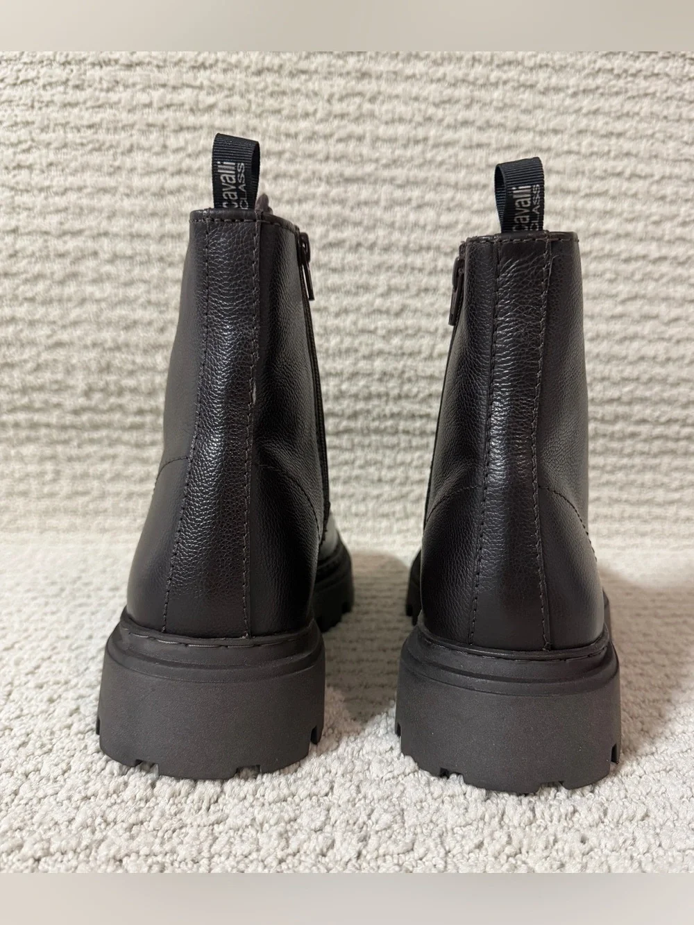 Cavalli Class Chocolate Brown Leather Combat Boots with Brass Accents